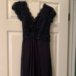 Midnight blue tea length chiffon gown